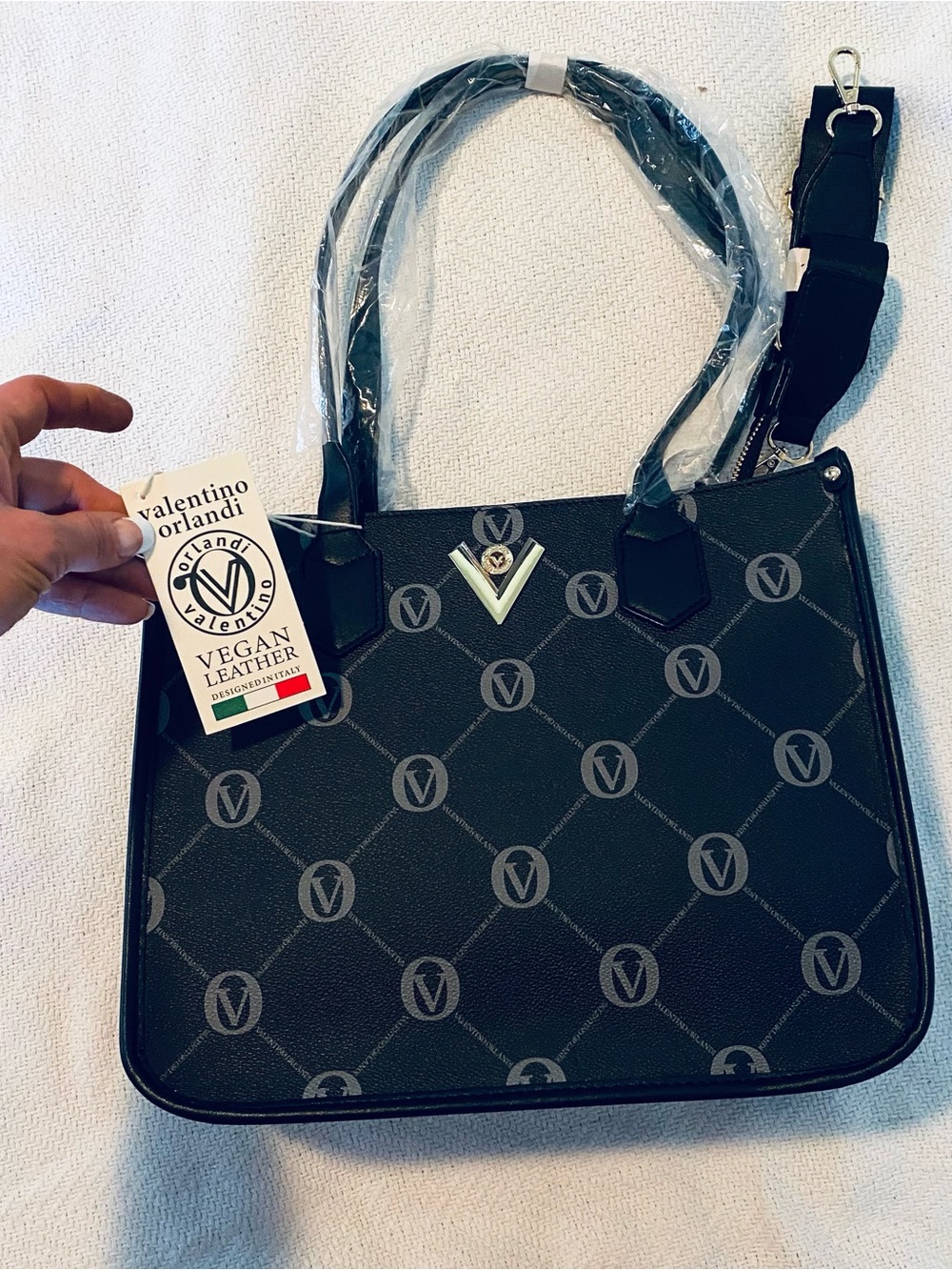 ⚡️NWT Valentino Orlandi Black Logo-Print Vegan Leather Tote with Silver V Accent